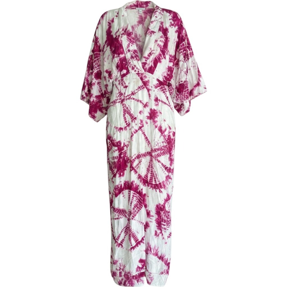 S/W/F Boutique Pink Tie Dye Maxi Dress Kimono Sleeve V-Neck Rayon XS Boho Summer